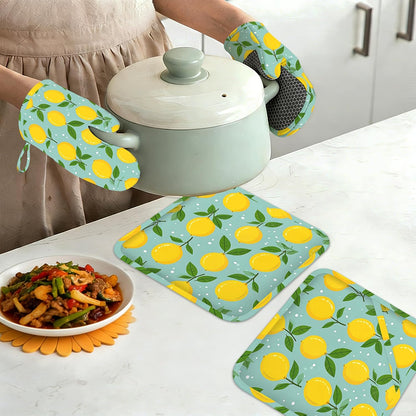 Oven Mitts and Pot Holders Yellow Lemon Silicone Kitchen Accessories Set of 4 Heat Resistant Gloves Potholder Non-Slip Grip for Chef Cooking Baking Grilling BBQ