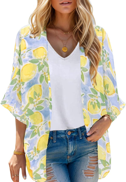 Women's Beach Kimono Coverup Sheer Chiffon Open Front Cover Ups | Casual Loose Cardigan Tops, Floral Print, Kimonos for Women,Beach Vacation Clothes