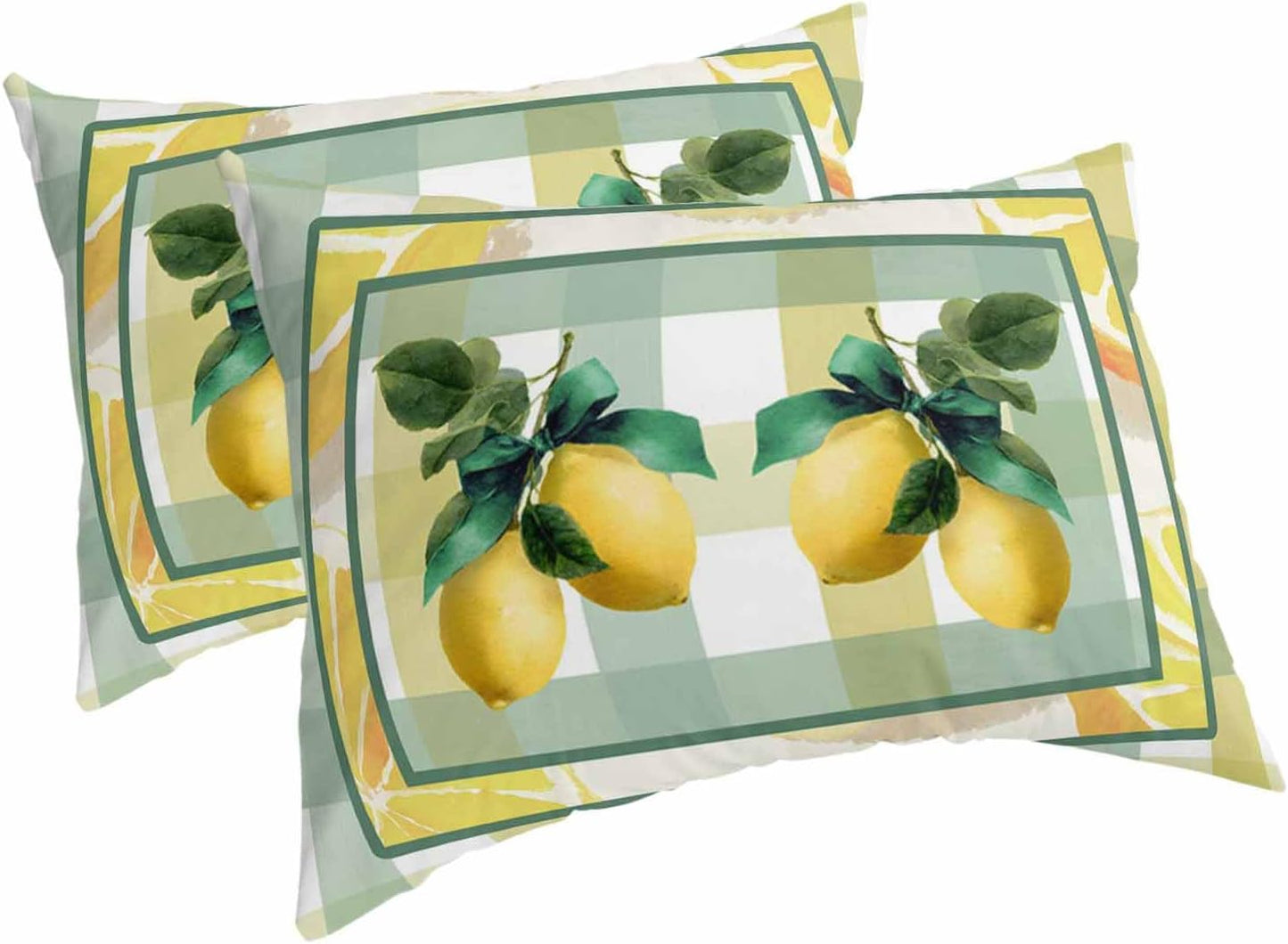 Pillow Cases Standard Size Set of 2, Lemon Breathable Microfiber Pillow Covers with Envelope Closure, Botanical Fruit Leaves Bow Yellow Green Striped Luxurious Bed Pillowcases, 20x26 Inch