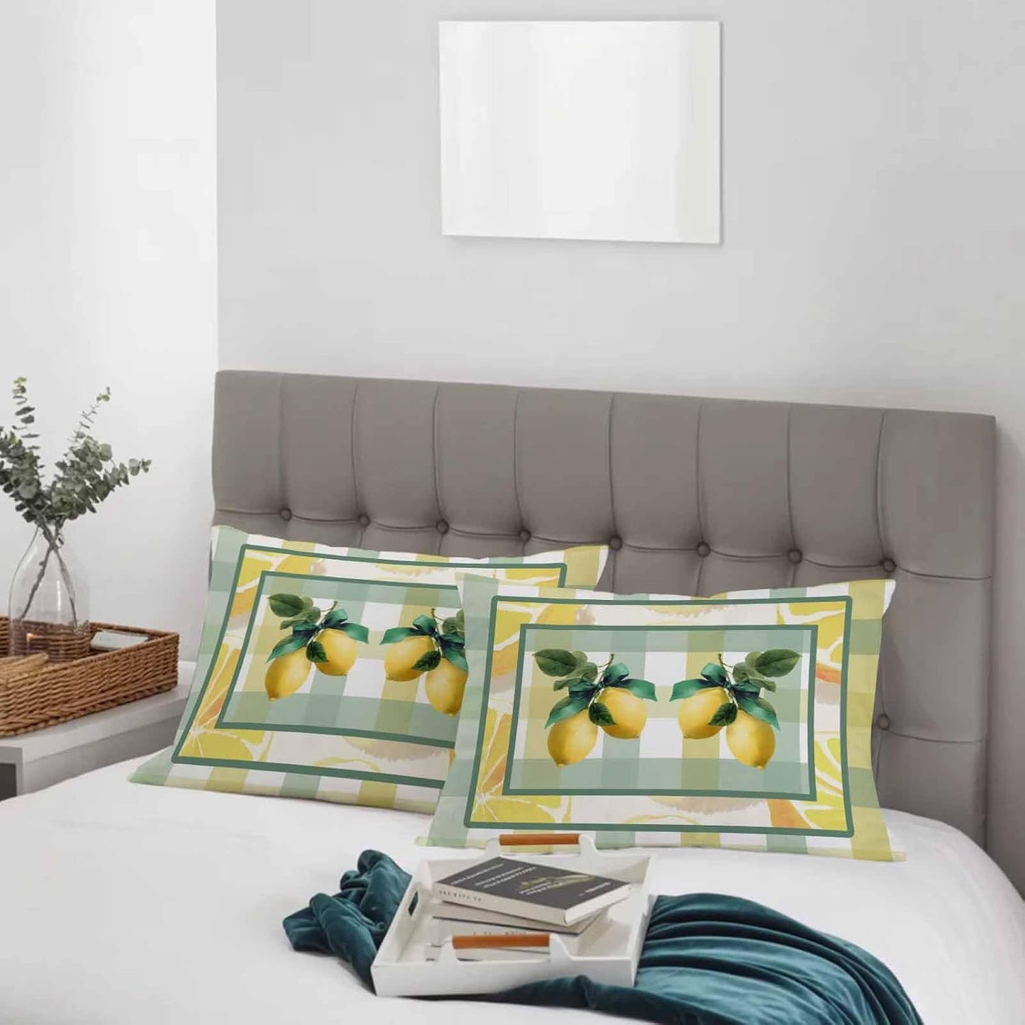 Pillow Cases Standard Size Set of 2, Lemon Breathable Microfiber Pillow Covers with Envelope Closure, Botanical Fruit Leaves Bow Yellow Green Striped Luxurious Bed Pillowcases, 20x26 Inch