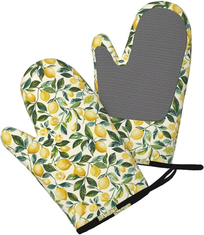 Lemon Oven Mitts Vintage Leaf High Heat Resistant Silicone Kitchen Oven Mitts Washable and Non-Slip Surface for Baking and Cooking 2-Pack Set Kitchen Oven Gloves