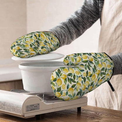 Lemon Oven Mitts Vintage Leaf High Heat Resistant Silicone Kitchen Oven Mitts Washable and Non-Slip Surface for Baking and Cooking 2-Pack Set Kitchen Oven Gloves