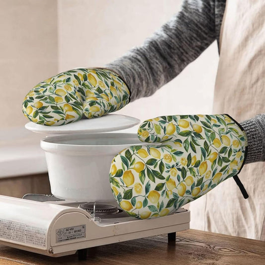 Lemon Oven Mitts Vintage Leaf High Heat Resistant Silicone Kitchen Oven Mitts Washable and Non-Slip Surface for Baking and Cooking 2-Pack Set Kitchen Oven Gloves