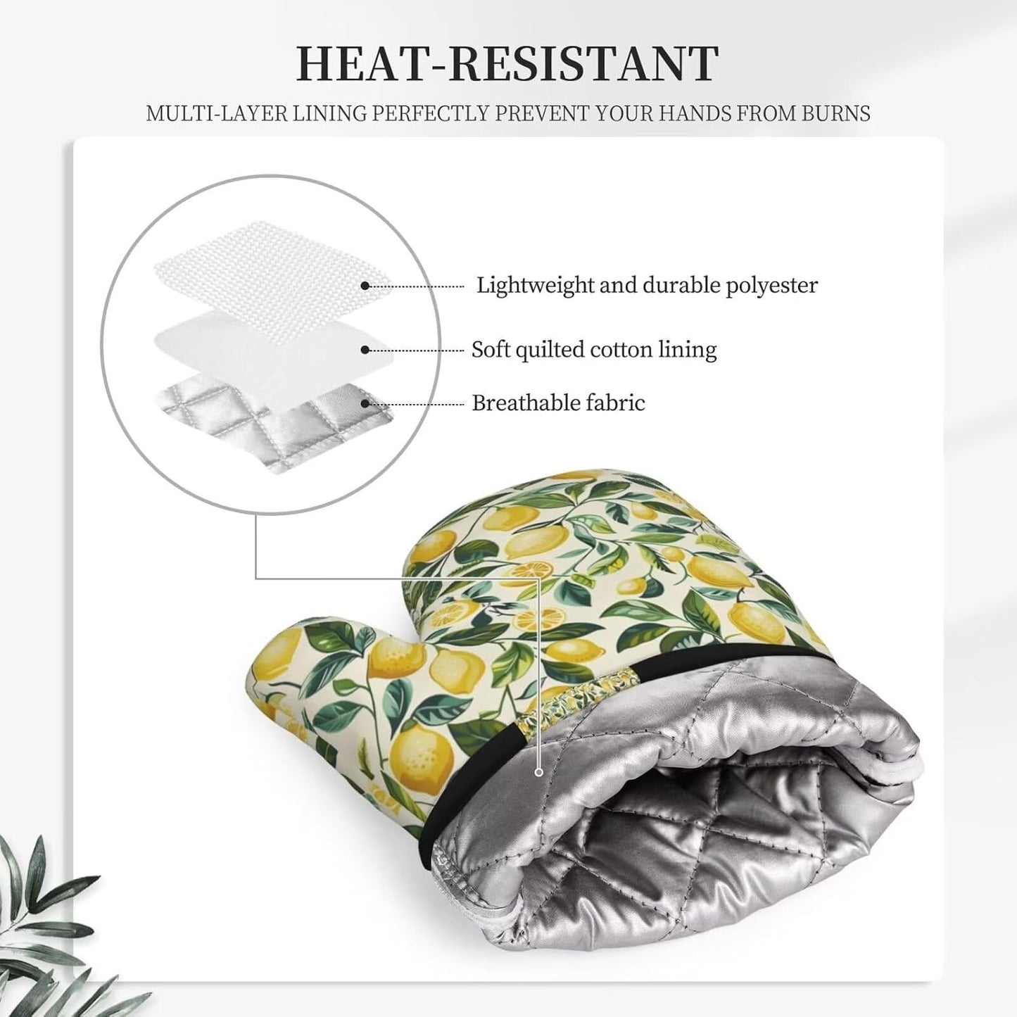 Lemon Oven Mitts Vintage Leaf High Heat Resistant Silicone Kitchen Oven Mitts Washable and Non-Slip Surface for Baking and Cooking 2-Pack Set Kitchen Oven Gloves