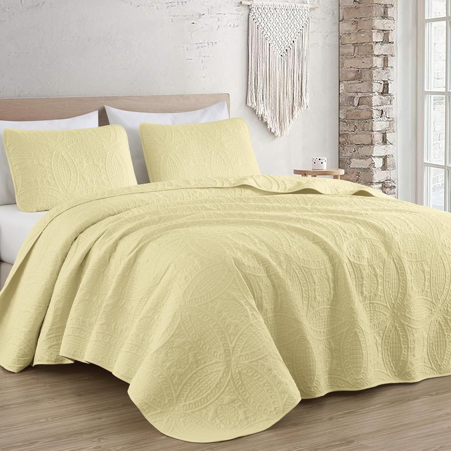 Austin Queen Oversized Bedspread Set, 3-Piece Pinsonic Quilted Lightweight Microfiber Bedspread Coverlet, Pastel Yellow | Oversized