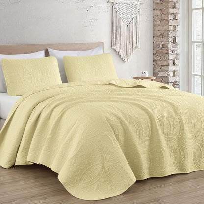 Austin Queen Oversized Bedspread Set, 3-Piece Pinsonic Quilted Lightweight Microfiber Bedspread Coverlet, Pastel Yellow | Oversized