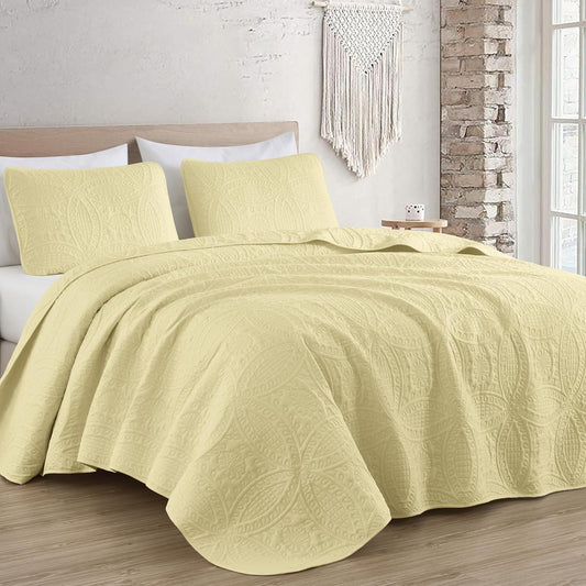 Austin Queen Oversized Bedspread Set, 3-Piece Pinsonic Quilted Lightweight Microfiber Bedspread Coverlet, Pastel Yellow | Oversized
