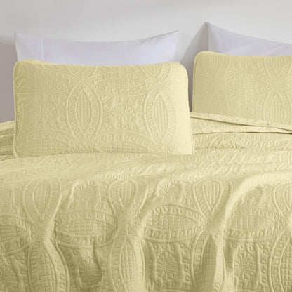 Austin Queen Oversized Bedspread Set, 3-Piece Pinsonic Quilted Lightweight Microfiber Bedspread Coverlet, Pastel Yellow | Oversized