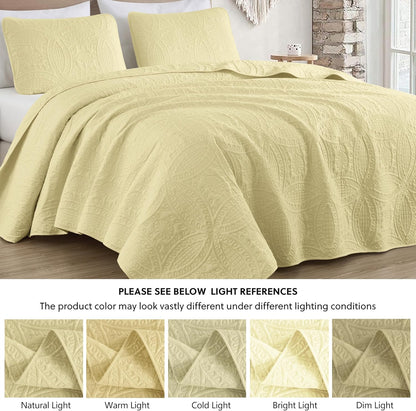 Austin Queen Oversized Bedspread Set, 3-Piece Pinsonic Quilted Lightweight Microfiber Bedspread Coverlet, Pastel Yellow | Oversized