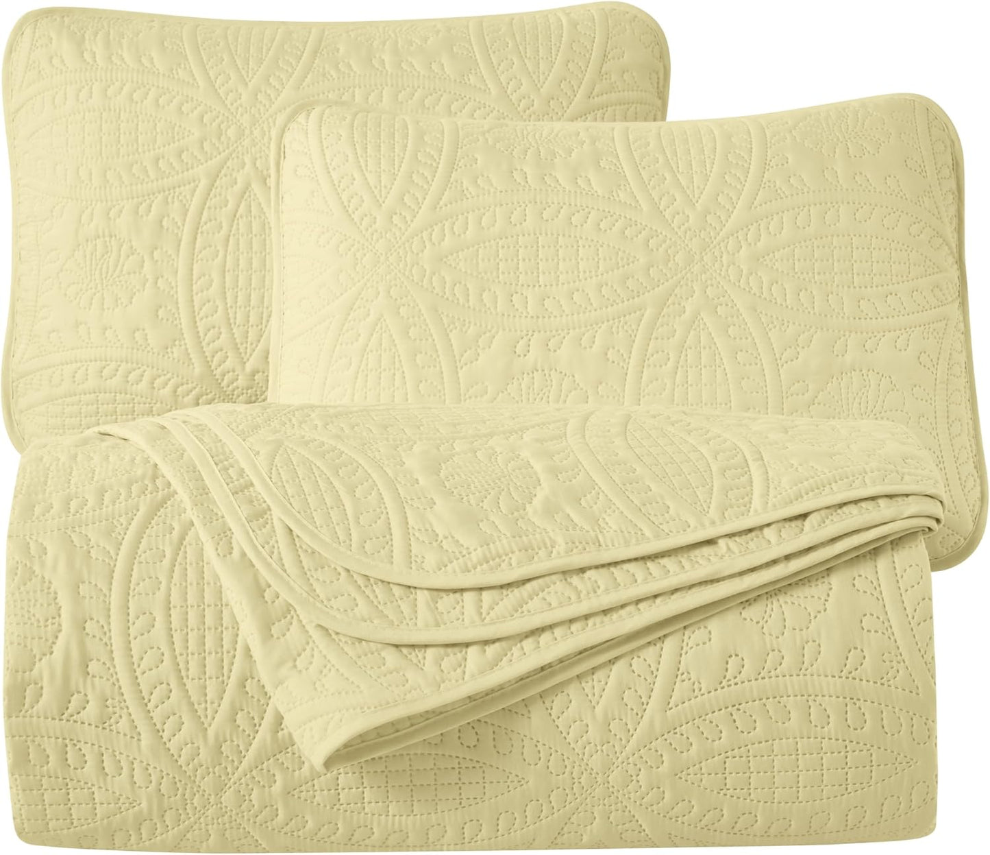 Austin Queen Oversized Bedspread Set, 3-Piece Pinsonic Quilted Lightweight Microfiber Bedspread Coverlet, Pastel Yellow | Oversized