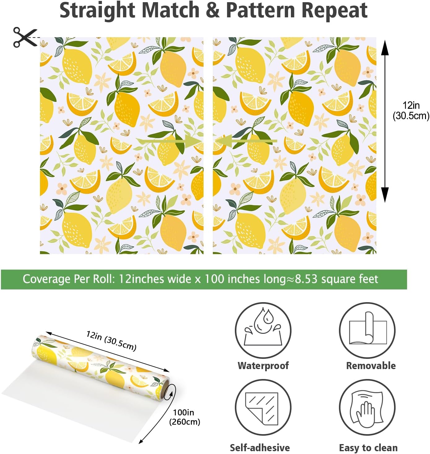 Lemon Peel and Stick Wallpaper Yellow Lemon Fruit Wallpaper for Bedroom Bathroom 12"x100" Self Adhesive Removable Contact Paper for Cabinets Walls Waterproof Modern Flower Fruit Vinyl Rolls