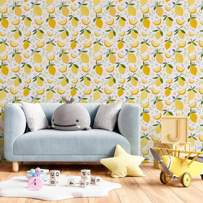 Lemon Peel and Stick Wallpaper Yellow Lemon Fruit Wallpaper for Bedroom Bathroom 12"x100" Self Adhesive Removable Contact Paper for Cabinets Walls Waterproof Modern Flower Fruit Vinyl Rolls
