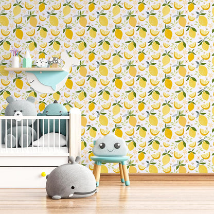 Lemon Peel and Stick Wallpaper Yellow Lemon Fruit Wallpaper for Bedroom Bathroom 12"x100" Self Adhesive Removable Contact Paper for Cabinets Walls Waterproof Modern Flower Fruit Vinyl Rolls
