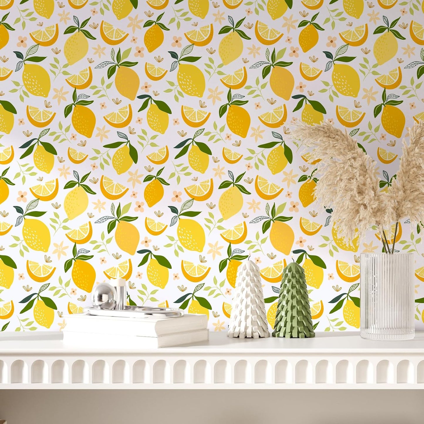 Lemon Peel and Stick Wallpaper Yellow Lemon Fruit Wallpaper for Bedroom Bathroom 12"x100" Self Adhesive Removable Contact Paper for Cabinets Walls Waterproof Modern Flower Fruit Vinyl Rolls