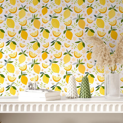 Lemon Peel and Stick Wallpaper Yellow Lemon Fruit Wallpaper for Bedroom Bathroom 12"x100" Self Adhesive Removable Contact Paper for Cabinets Walls Waterproof Modern Flower Fruit Vinyl Rolls