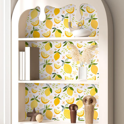 Lemon Peel and Stick Wallpaper Yellow Lemon Fruit Wallpaper for Bedroom Bathroom 12"x100" Self Adhesive Removable Contact Paper for Cabinets Walls Waterproof Modern Flower Fruit Vinyl Rolls