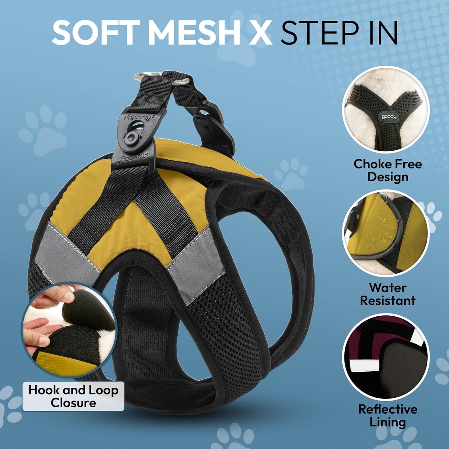 Soft Mesh X Step-in Dog Harness, Choke-Free, Yellow, Medium | Patented choke-free X-frame + deep V-neck; Adjustable Velcro fit; Thick breathable padded mesh; Easy step-in; Flat O-ring