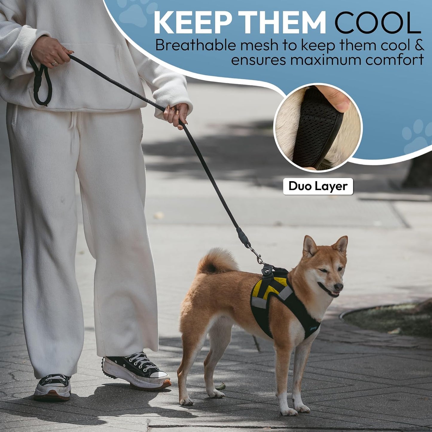 Soft Mesh X Step-in Dog Harness, Choke-Free, Yellow, Medium | Patented choke-free X-frame + deep V-neck; Adjustable Velcro fit; Thick breathable padded mesh; Easy step-in; Flat O-ring