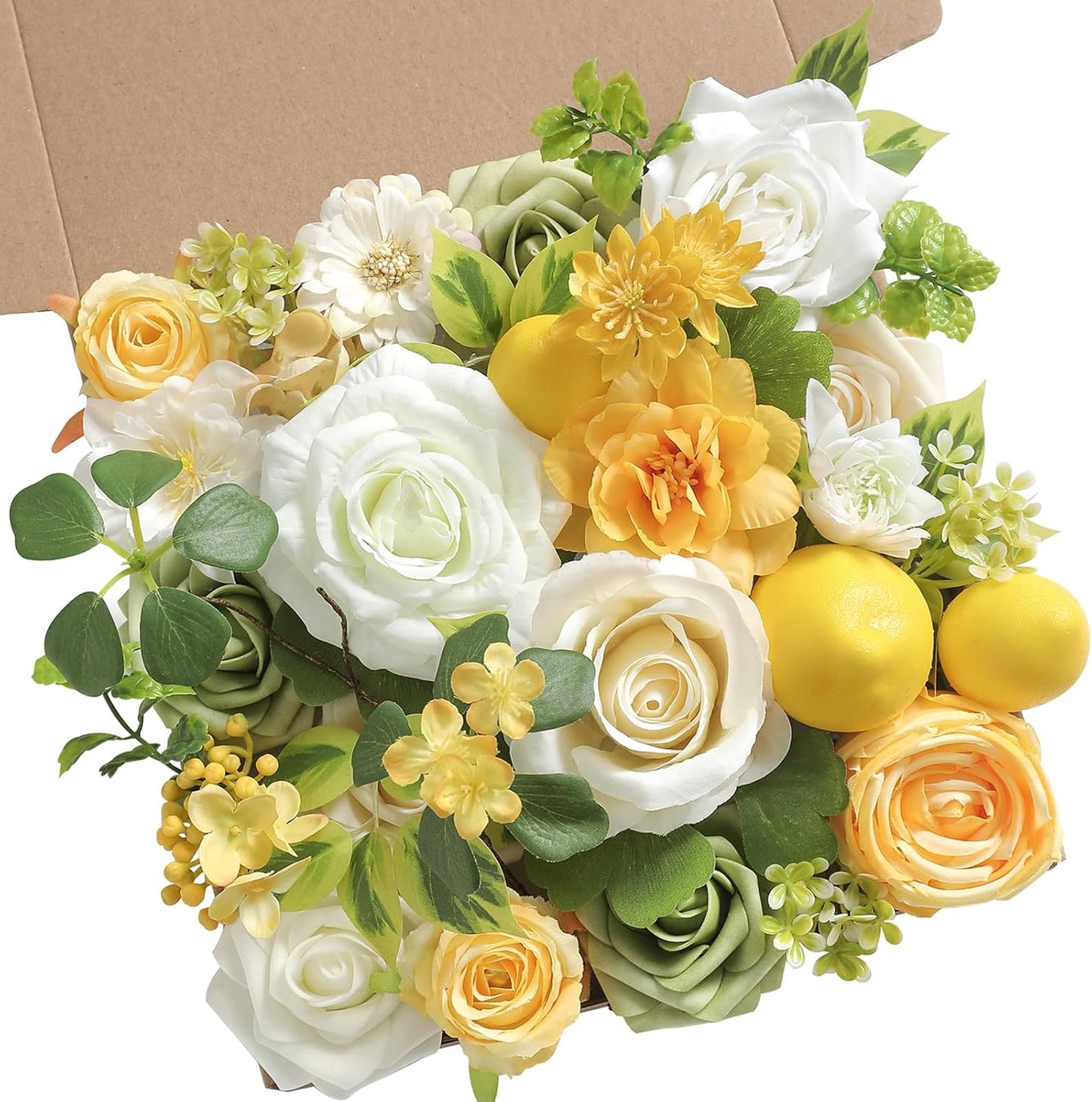 Artificial Flowers Combo Fake Silk Flowers for DIY Wedding Bridal Bouquets Lemon Yellow Fake Foams Rose Flowers Set Centerpieces Arrangements Party Baby Showers Home Cake Decorations