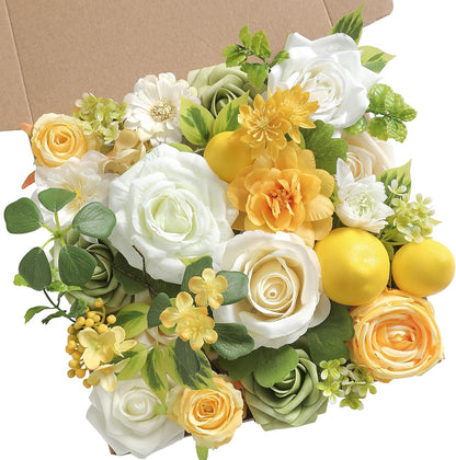 Artificial Flowers Combo Fake Silk Flowers for DIY Wedding Bridal Bouquets Lemon Yellow Fake Foams Rose Flowers Set Centerpieces Arrangements Party Baby Showers Home Cake Decorations