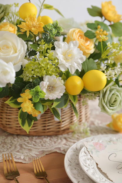 Artificial Flowers Combo Fake Silk Flowers for DIY Wedding Bridal Bouquets Lemon Yellow Fake Foams Rose Flowers Set Centerpieces Arrangements Party Baby Showers Home Cake Decorations