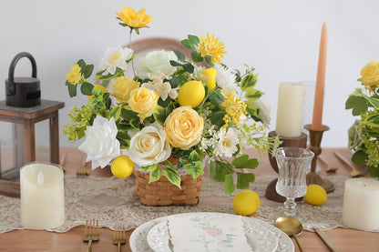 Artificial Flowers Combo Fake Silk Flowers for DIY Wedding Bridal Bouquets Lemon Yellow Fake Foams Rose Flowers Set Centerpieces Arrangements Party Baby Showers Home Cake Decorations