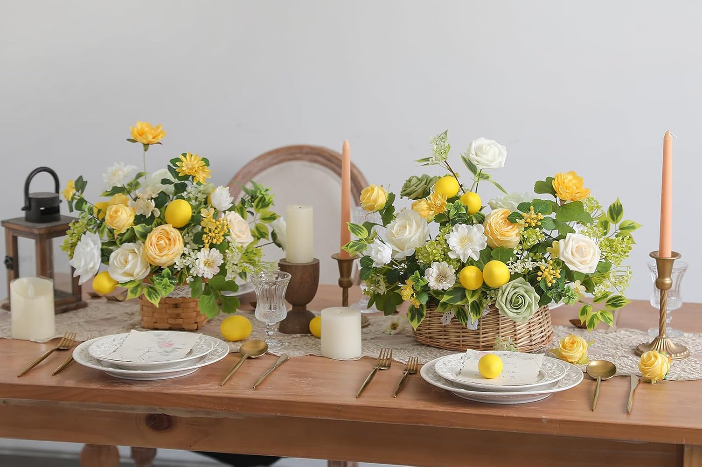 Artificial Flowers Combo Fake Silk Flowers for DIY Wedding Bridal Bouquets Lemon Yellow Fake Foams Rose Flowers Set Centerpieces Arrangements Party Baby Showers Home Cake Decorations