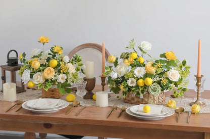 Artificial Flowers Combo Fake Silk Flowers for DIY Wedding Bridal Bouquets Lemon Yellow Fake Foams Rose Flowers Set Centerpieces Arrangements Party Baby Showers Home Cake Decorations