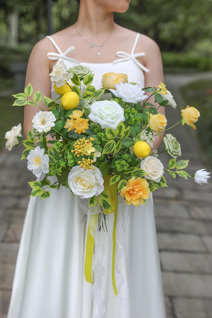Artificial Flowers Combo Fake Silk Flowers for DIY Wedding Bridal Bouquets Lemon Yellow Fake Foams Rose Flowers Set Centerpieces Arrangements Party Baby Showers Home Cake Decorations
