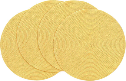 15 Inch Round Braided Placemats Set of 4, Washable Heat Resistant Cotton Polyester Circle Place Mats for Kitchen Dining Table - Yellow