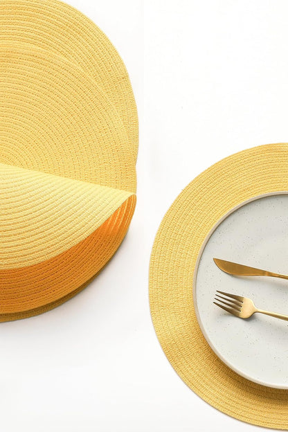 15 Inch Round Braided Placemats Set of 4, Washable Heat Resistant Cotton Polyester Circle Place Mats for Kitchen Dining Table - Yellow