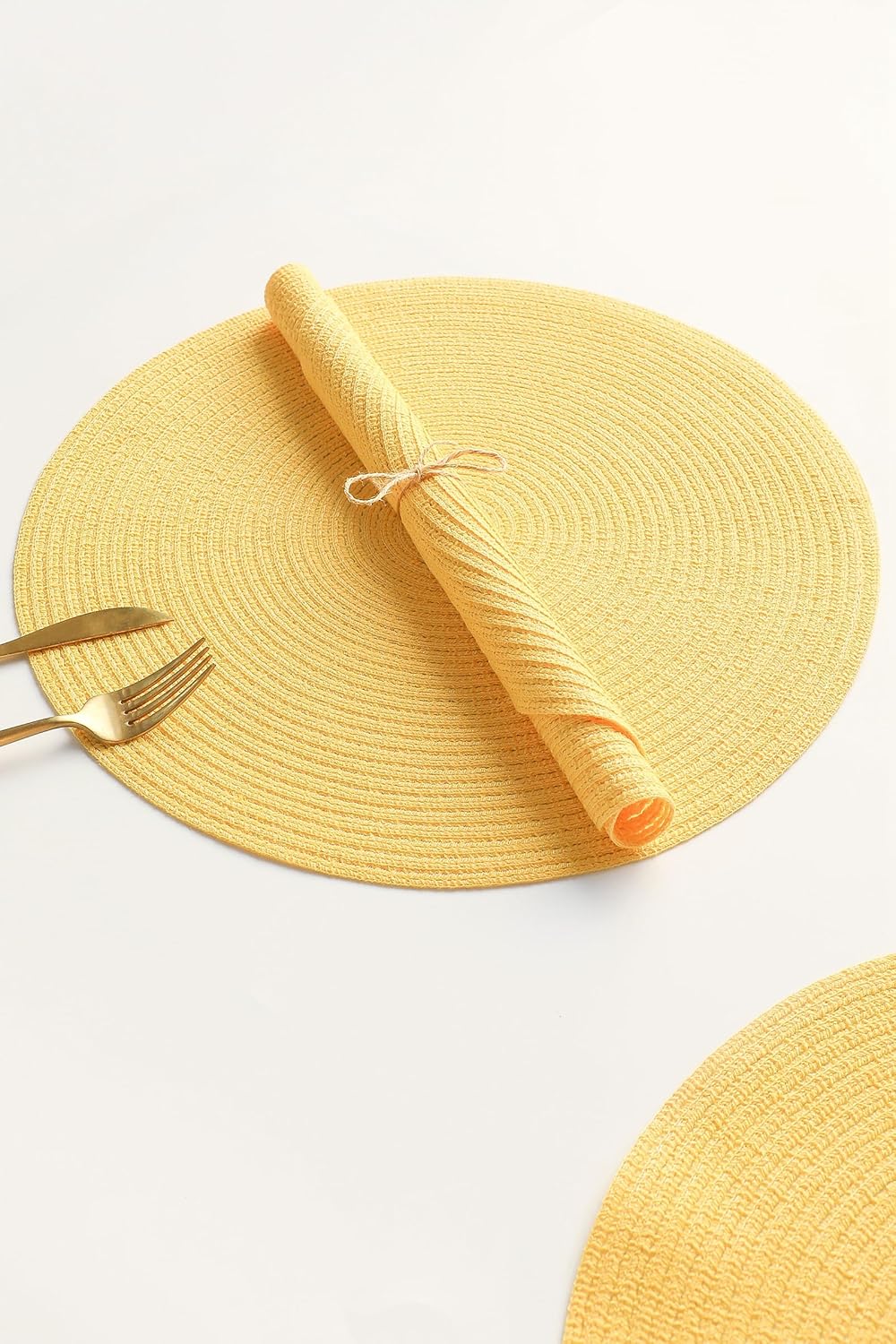 15 Inch Round Braided Placemats Set of 4, Washable Heat Resistant Cotton Polyester Circle Place Mats for Kitchen Dining Table - Yellow
