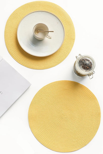15 Inch Round Braided Placemats Set of 4, Washable Heat Resistant Cotton Polyester Circle Place Mats for Kitchen Dining Table - Yellow