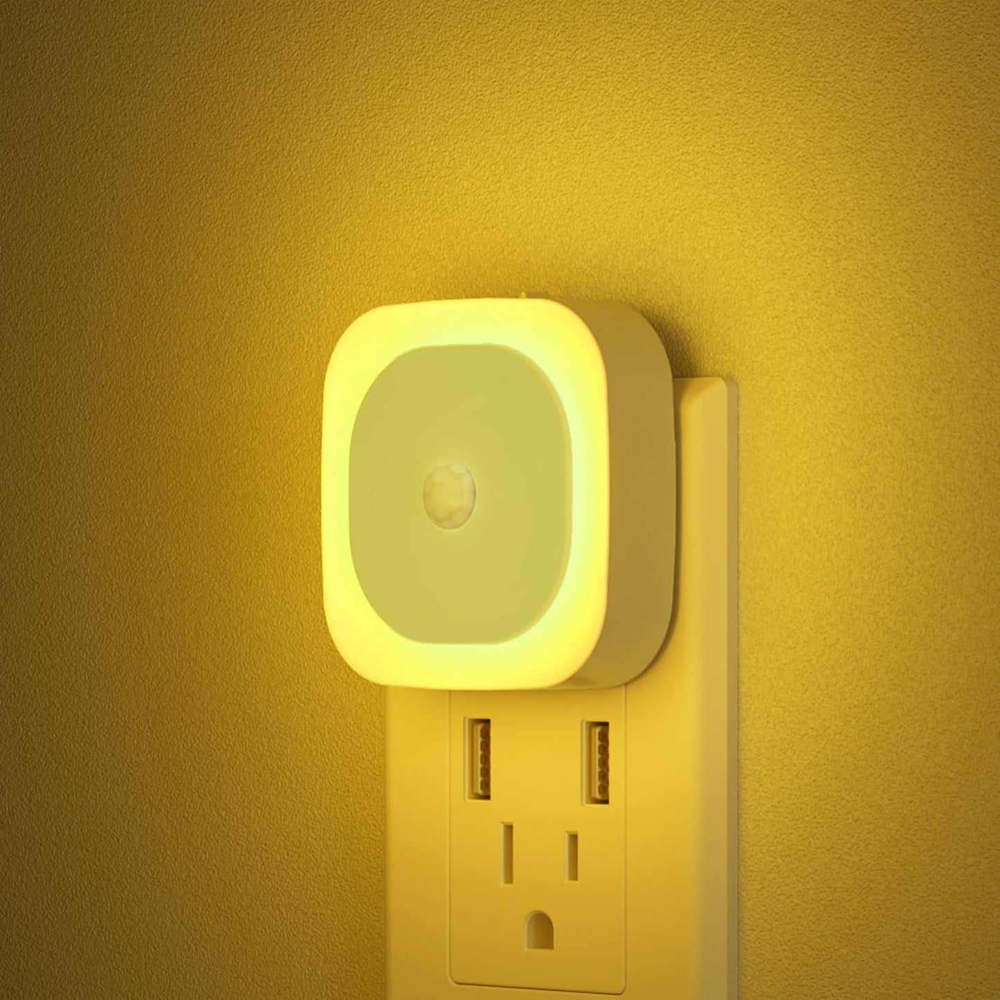 2 Pack Plug in Night Light with Motion Sensor & Dusk to Dawn Sensor, 3 Sensor Modes, Auto ON/Off, Dimmable, Soft Glow for Living Room, Hallway, Stairs, Bathroom, Golden Yellow