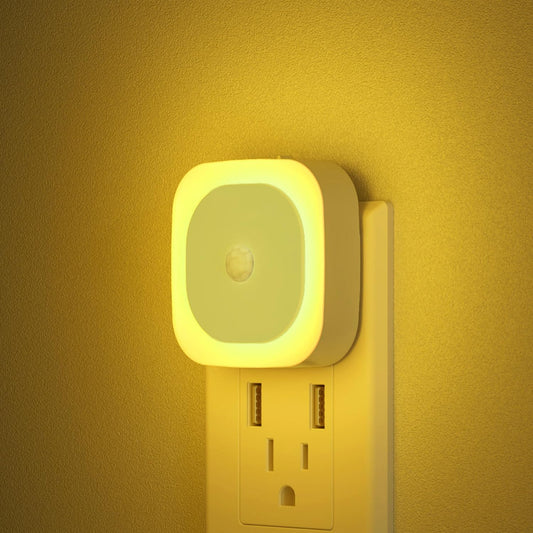 2 Pack Plug in Night Light with Motion Sensor & Dusk to Dawn Sensor, 3 Sensor Modes, Auto ON/Off, Dimmable, Soft Glow for Living Room, Hallway, Stairs, Bathroom, Golden Yellow