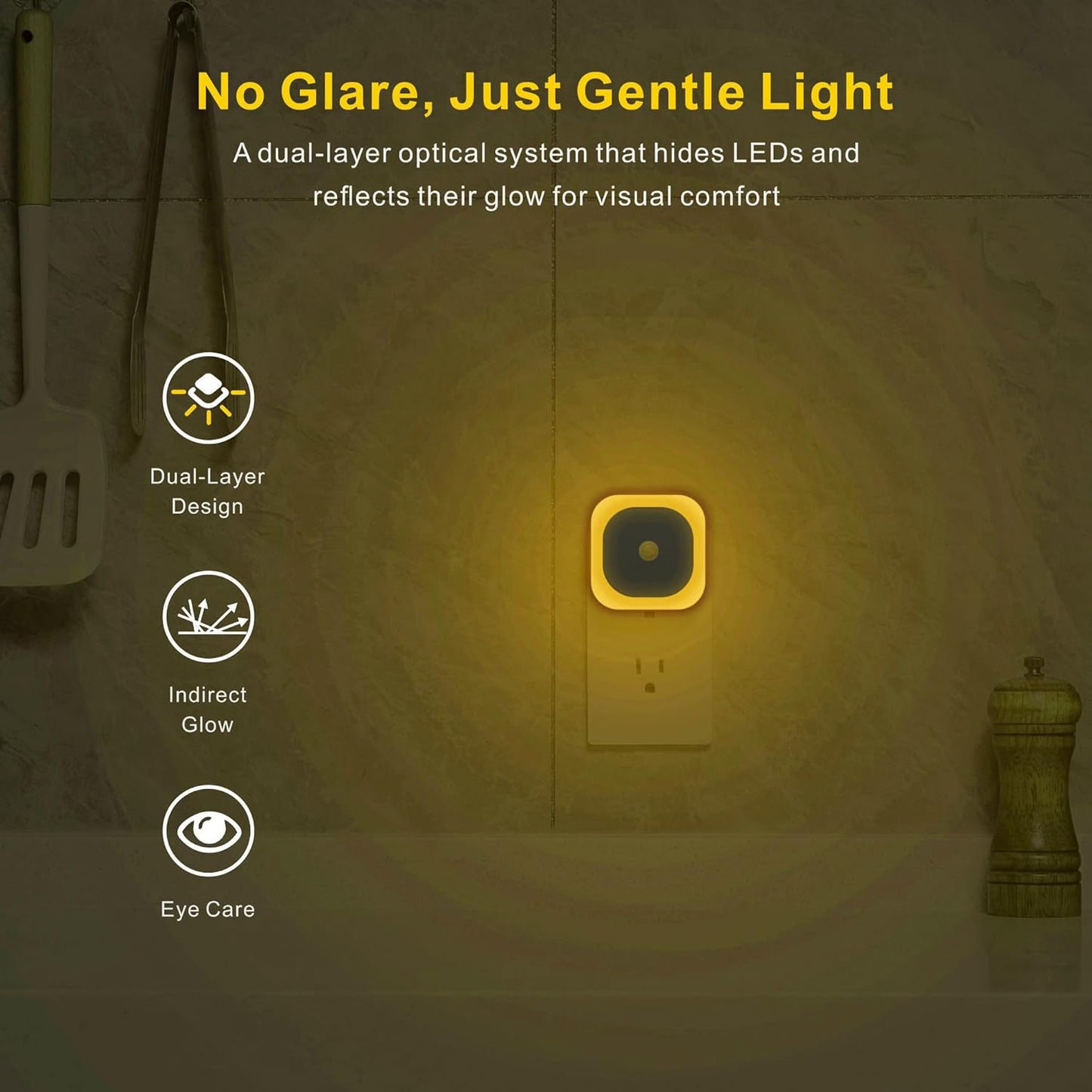 2 Pack Plug in Night Light with Motion Sensor & Dusk to Dawn Sensor, 3 Sensor Modes, Auto ON/Off, Dimmable, Soft Glow for Living Room, Hallway, Stairs, Bathroom, Golden Yellow