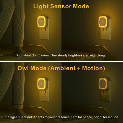 2 Pack Plug in Night Light with Motion Sensor & Dusk to Dawn Sensor, 3 Sensor Modes, Auto ON/Off, Dimmable, Soft Glow for Living Room, Hallway, Stairs, Bathroom, Golden Yellow
