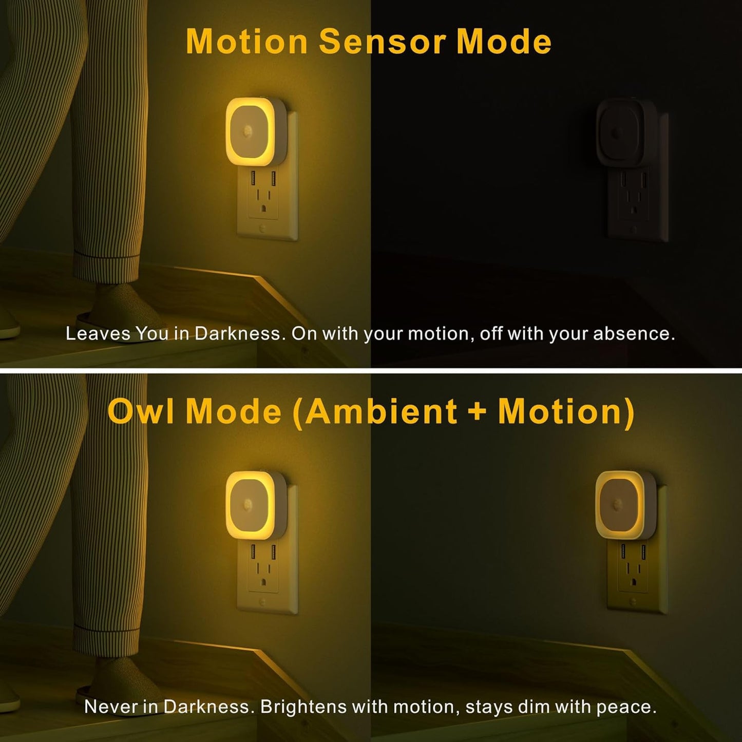 2 Pack Plug in Night Light with Motion Sensor & Dusk to Dawn Sensor, 3 Sensor Modes, Auto ON/Off, Dimmable, Soft Glow for Living Room, Hallway, Stairs, Bathroom, Golden Yellow