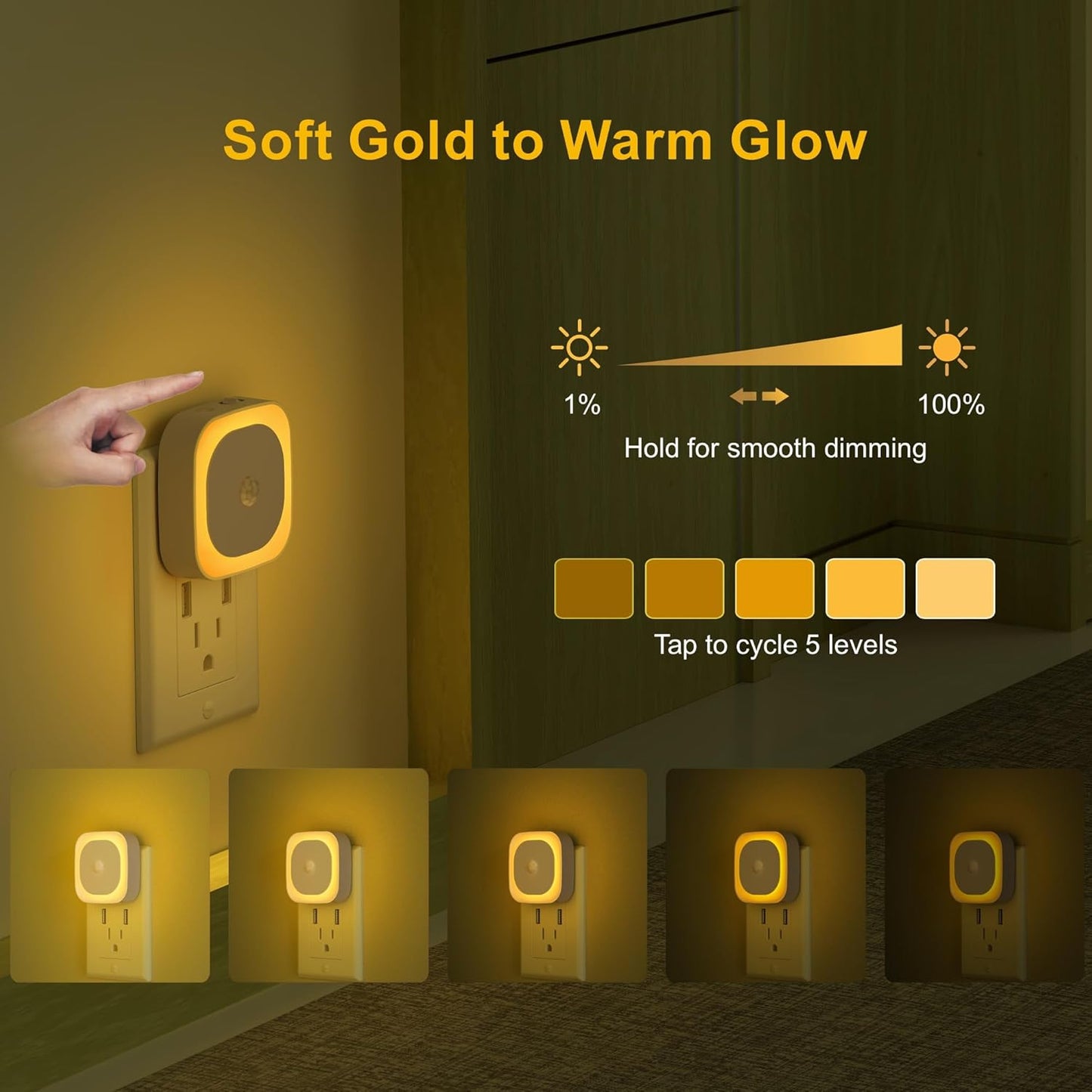 2 Pack Plug in Night Light with Motion Sensor & Dusk to Dawn Sensor, 3 Sensor Modes, Auto ON/Off, Dimmable, Soft Glow for Living Room, Hallway, Stairs, Bathroom, Golden Yellow