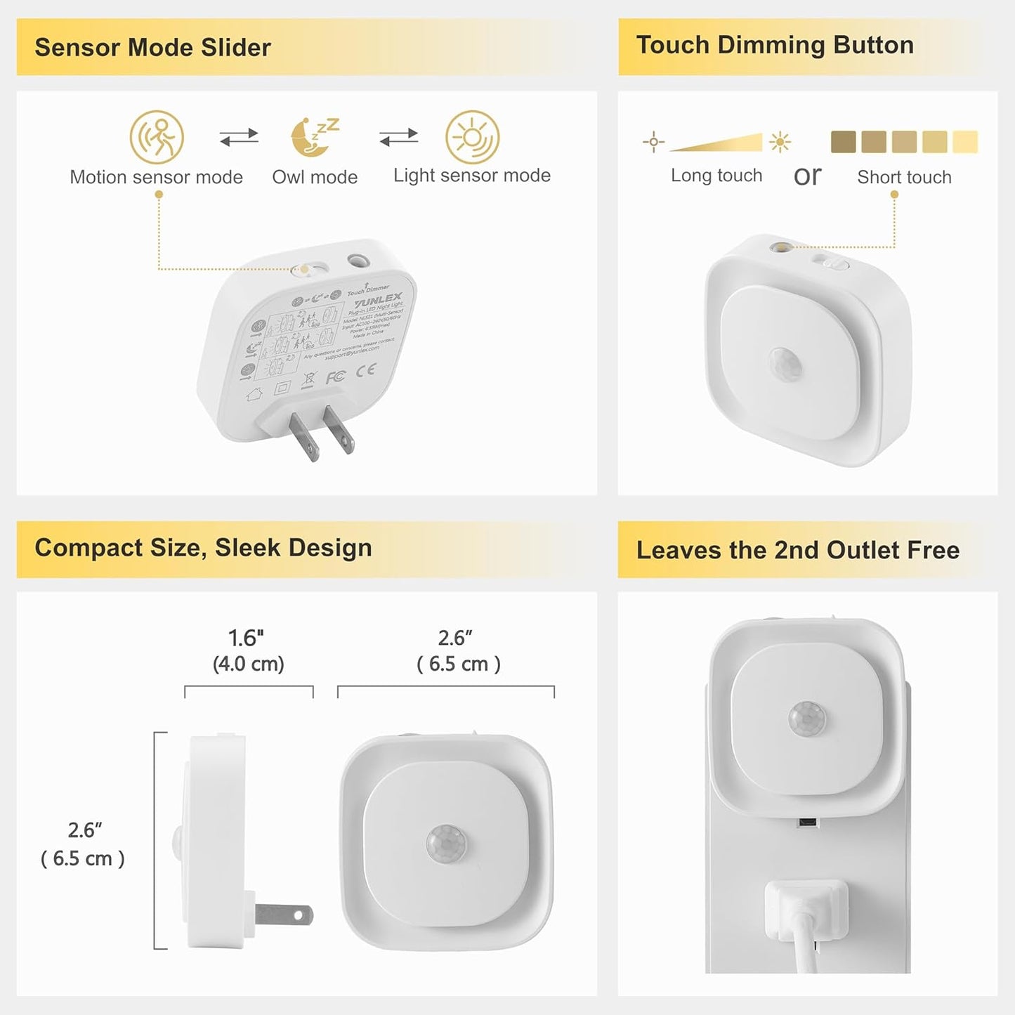 2 Pack Plug in Night Light with Motion Sensor & Dusk to Dawn Sensor, 3 Sensor Modes, Auto ON/Off, Dimmable, Soft Glow for Living Room, Hallway, Stairs, Bathroom, Golden Yellow