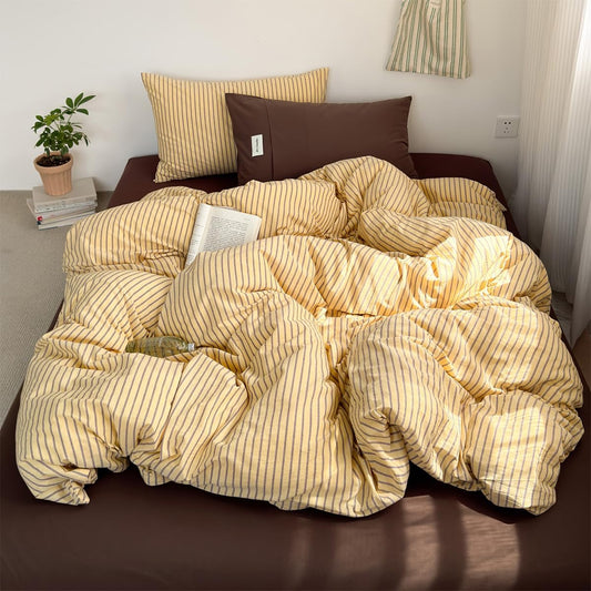 Striped Duvet Cover Full Size Yellow Brown Striped Bedding Set 3pcs Retro Vertical Ticking Stripes Soft Lightweight Microfiber Comforter Cover Set with Zipper Closure and 2 Pillowcases