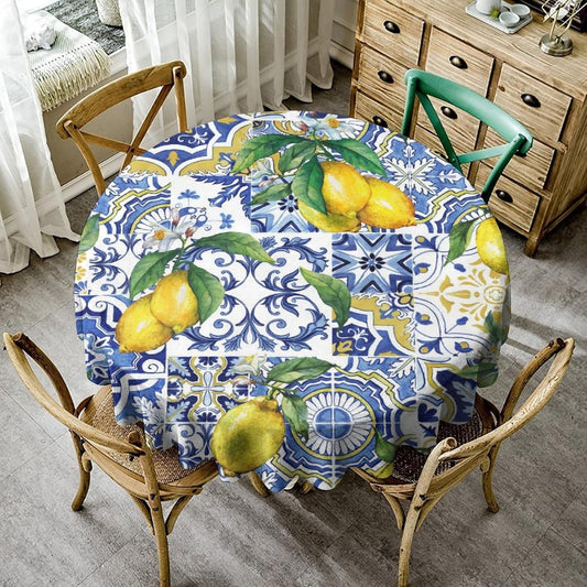 Blue Tiles Lemon Tablecloth, Autumn Fruit Traditional Floral Pattern Table Cover for Party Picnic Dinner Decor, Round(36x36in)