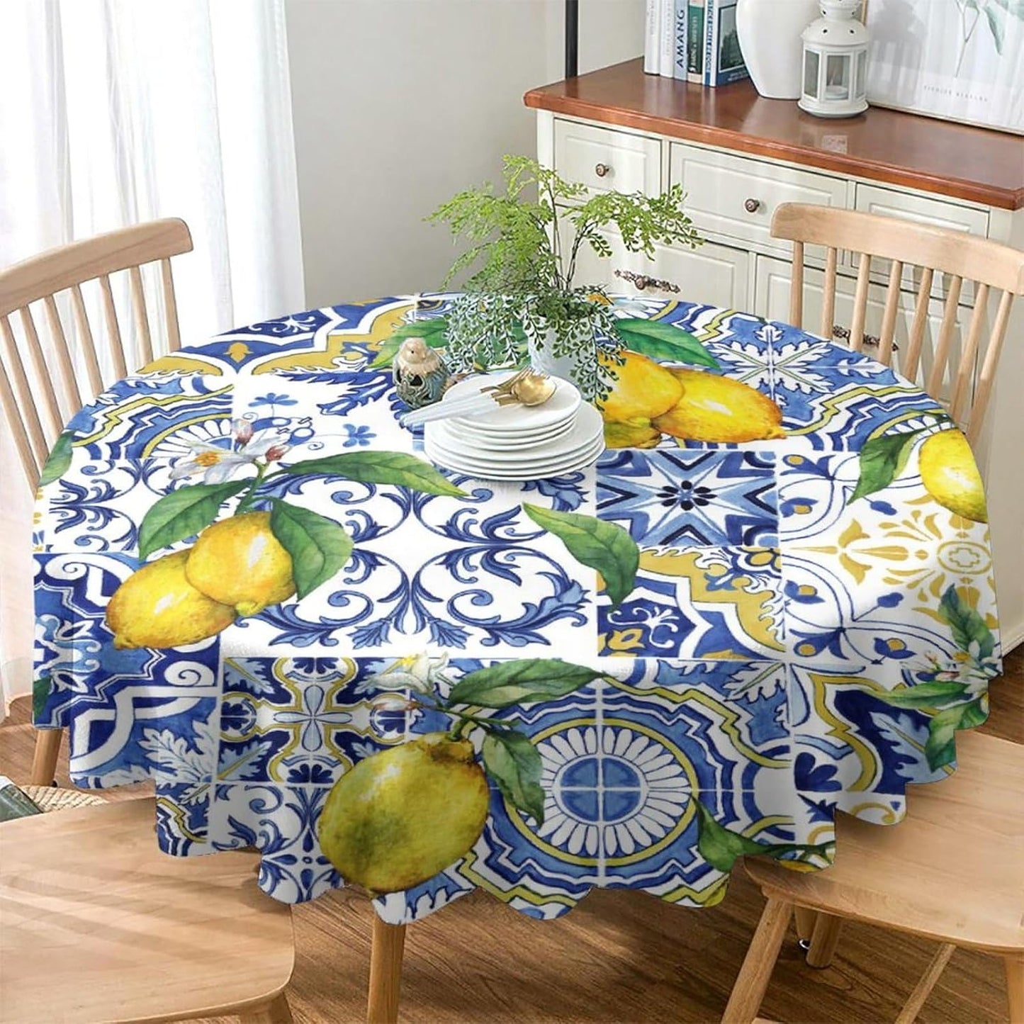 Blue Tiles Lemon Tablecloth, Autumn Fruit Traditional Floral Pattern Table Cover for Party Picnic Dinner Decor, Round(36x36in)