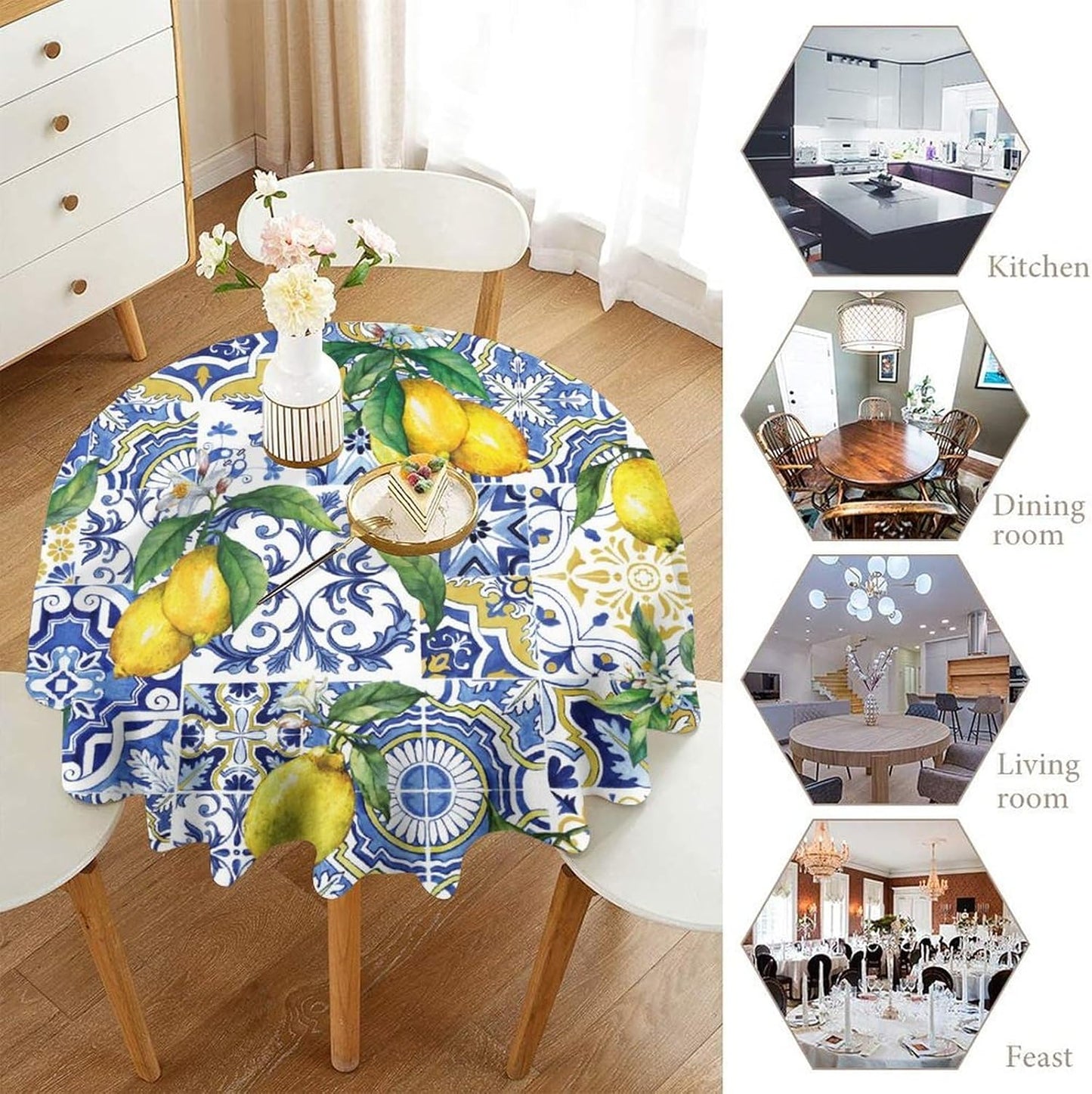 Blue Tiles Lemon Tablecloth, Autumn Fruit Traditional Floral Pattern Table Cover for Party Picnic Dinner Decor, Round(36x36in)