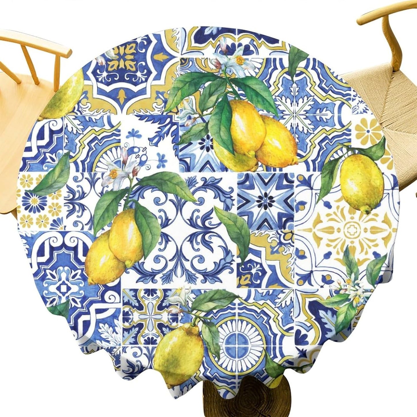 Blue Tiles Lemon Tablecloth, Autumn Fruit Traditional Floral Pattern Table Cover for Party Picnic Dinner Decor, Round(36x36in)