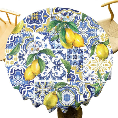 Blue Tiles Lemon Tablecloth, Autumn Fruit Traditional Floral Pattern Table Cover for Party Picnic Dinner Decor, Round(36x36in)