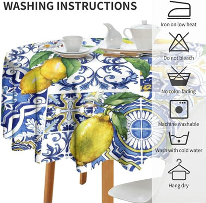 Blue Tiles Lemon Tablecloth, Autumn Fruit Traditional Floral Pattern Table Cover for Party Picnic Dinner Decor, Round(36x36in)