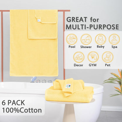 Yellow Bath Towels - 100% Cotton | Quick Dry | Light Weight | Thick | Soft, 6 Piece Towel Set, 2 Large Bath 30"x56", 2 Hand 18"x28", 2 Washcloths 13"x13", Lemon Yellow Towel Gift Set