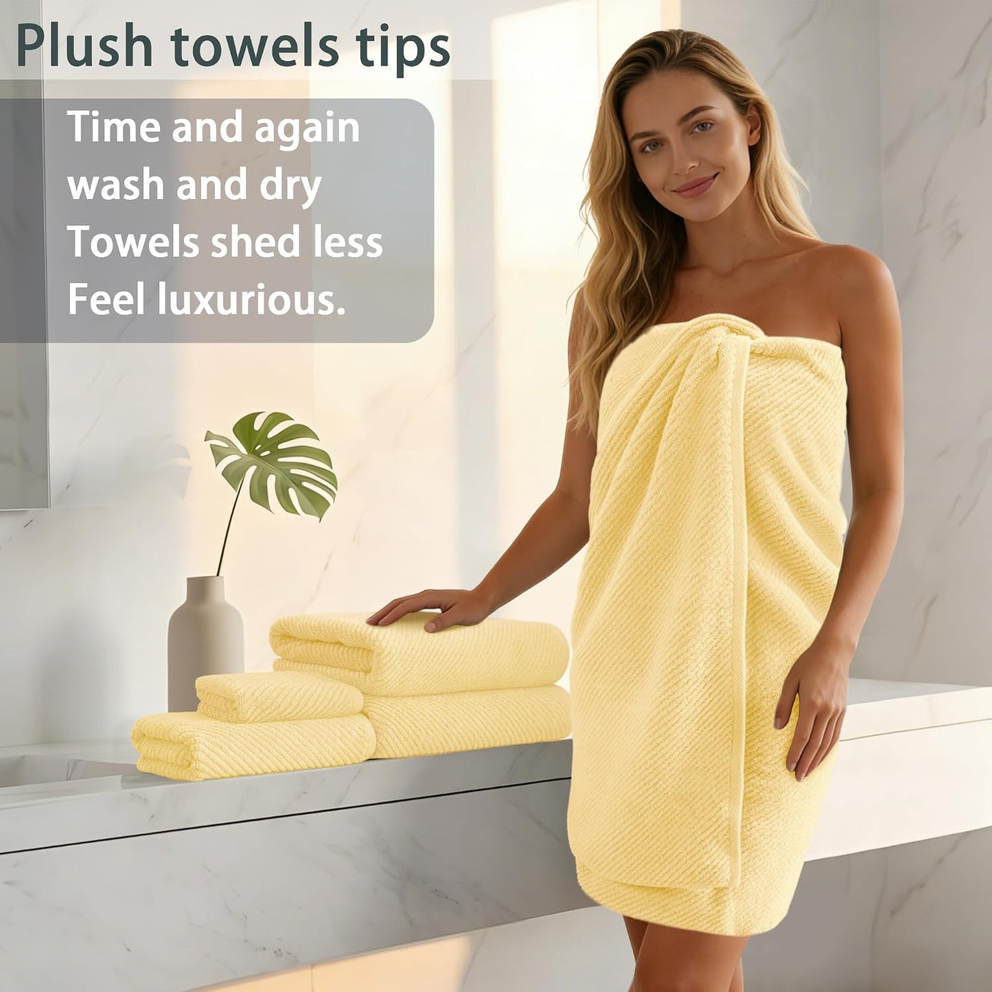 Yellow Bath Towels - 100% Cotton | Quick Dry | Light Weight | Thick | Soft, 6 Piece Towel Set, 2 Large Bath 30"x56", 2 Hand 18"x28", 2 Washcloths 13"x13", Lemon Yellow Towel Gift Set