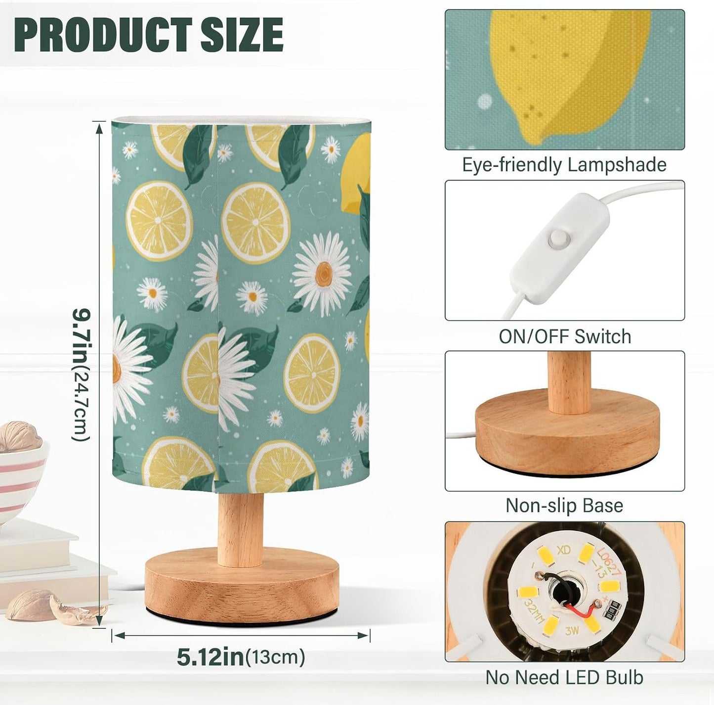 Bedside Table Lamp Lemon Yellow Citrus Fruits (98) Kids Nightstand Lamp Night Light Fabric Shade for Bedroom Living Room Home Office